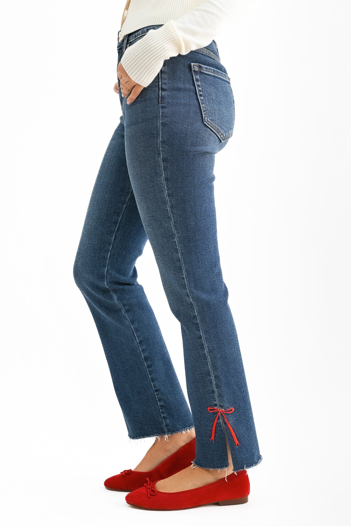Just Black Bow Split Hem Straight Leg Jeans - Dark Wash