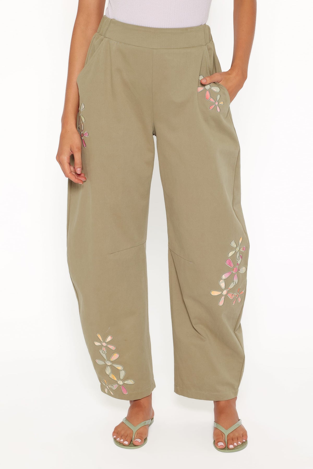 Telena Barrel Leg Pants - Olive Green Patchwork