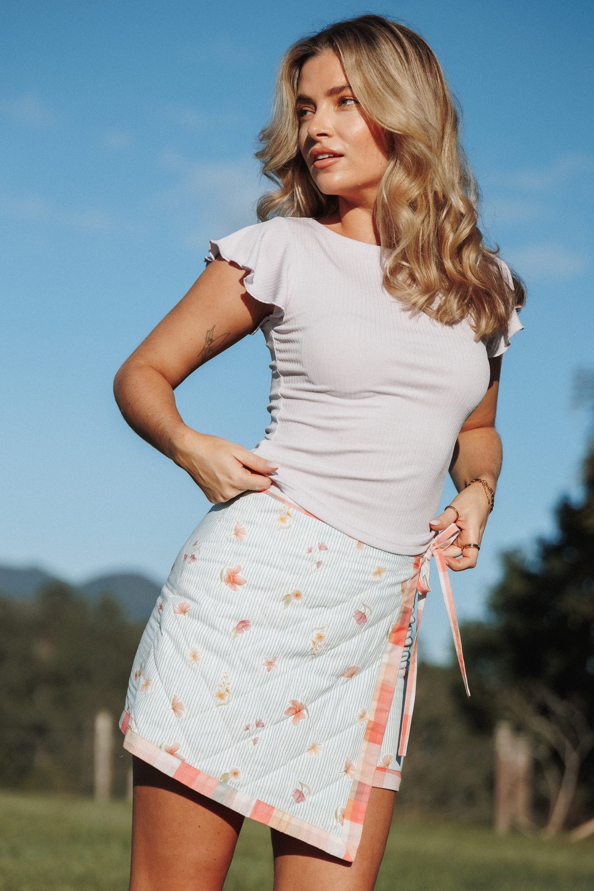Yana Faux Wrap Quilted Mini Skirt - Blue Garden Stripe