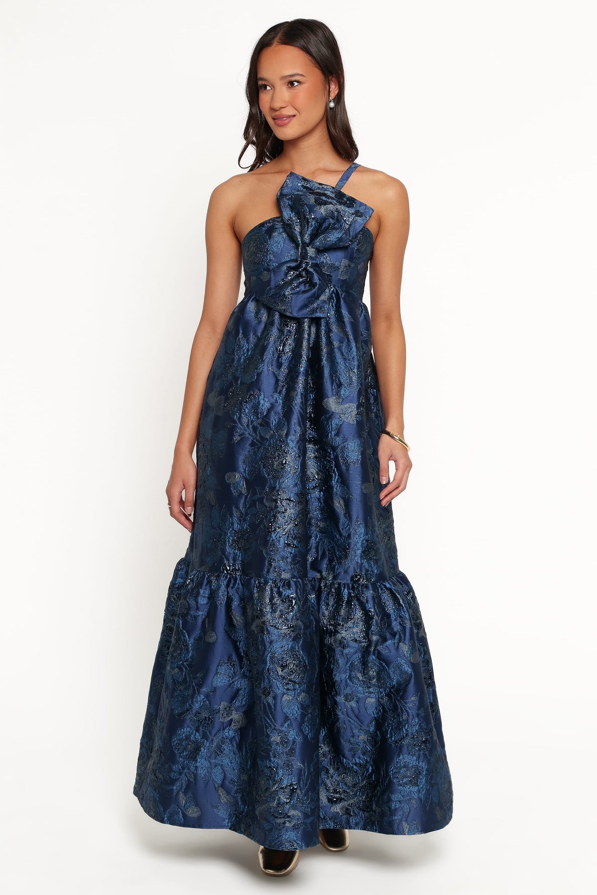 Betina Bow Front Maxi Dress - Blue Brocade
