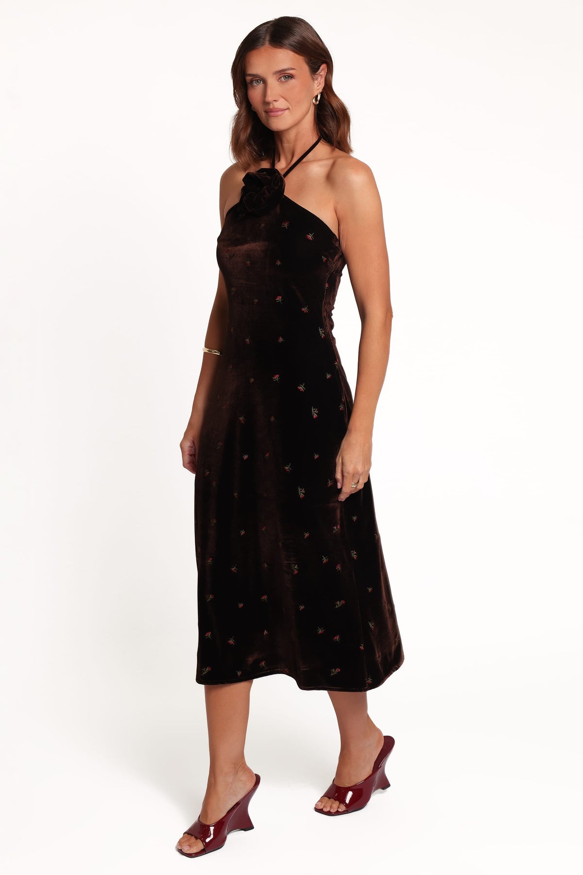 Enrique Halterneck Velvet Dress - Brown Floral