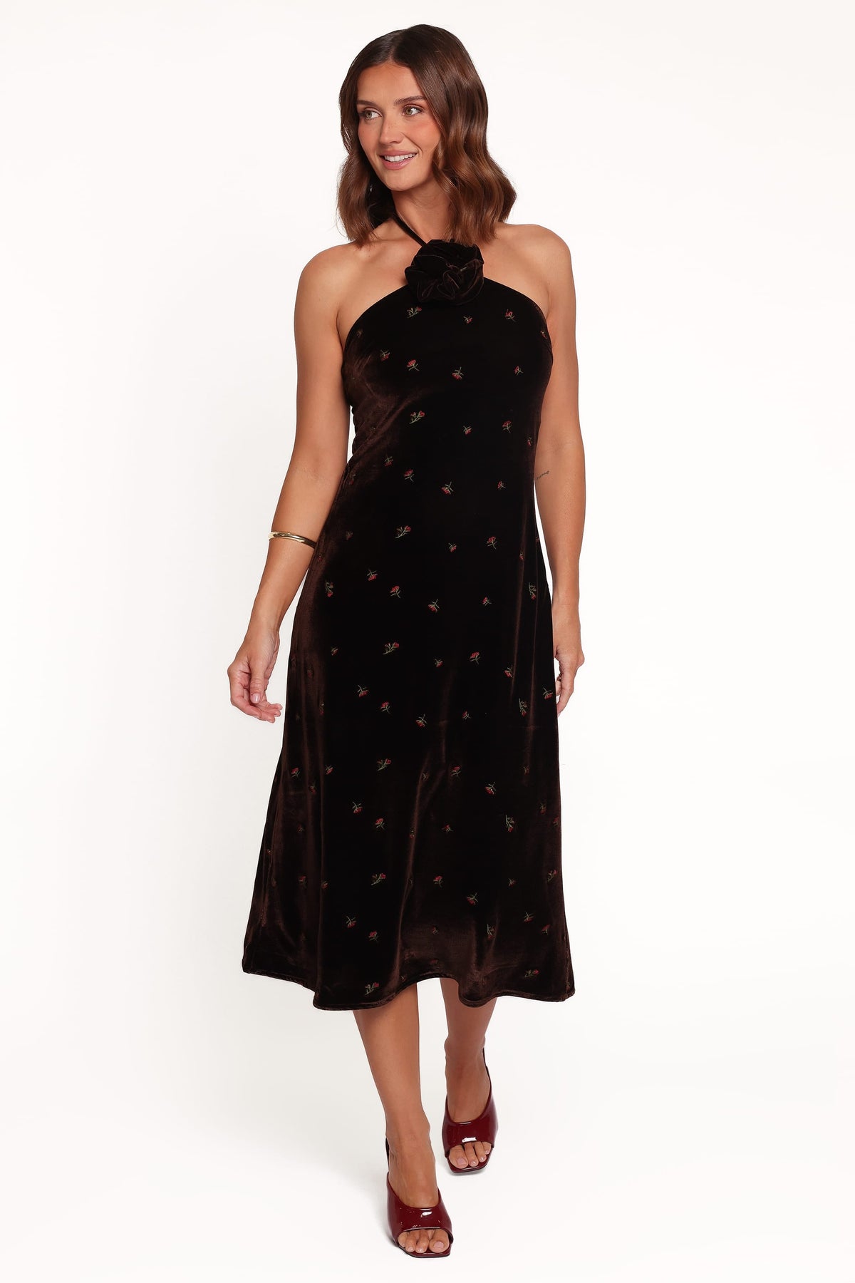 Enrique Halterneck Velvet Dress - Brown Floral