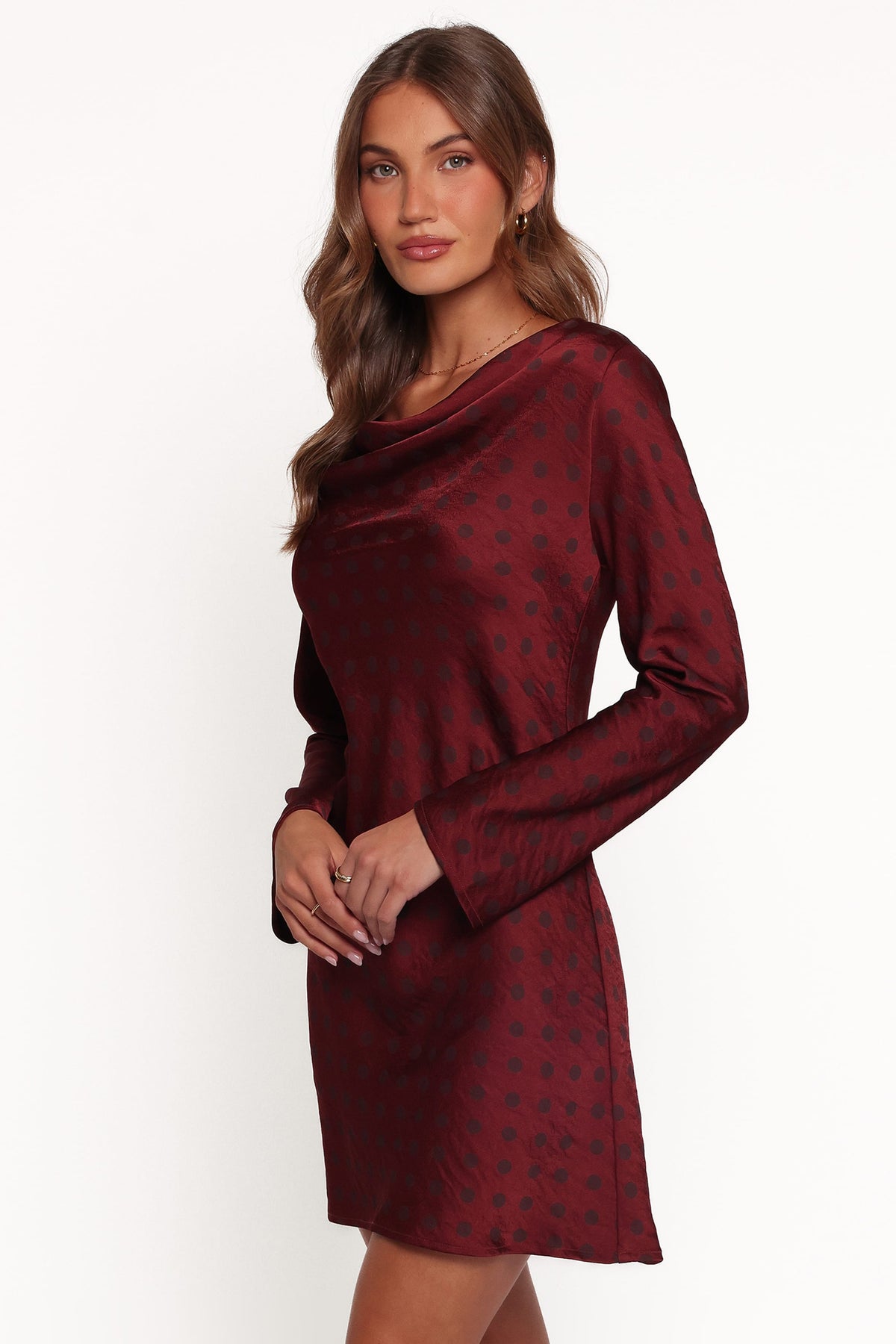 Idalee Long Sleeve Mini Dress - Brown/Maroon Polka Dot