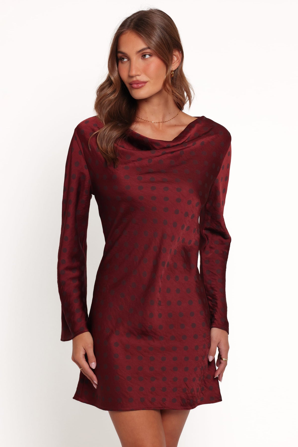 Idalee Long Sleeve Mini Dress - Brown/Maroon Polka Dot