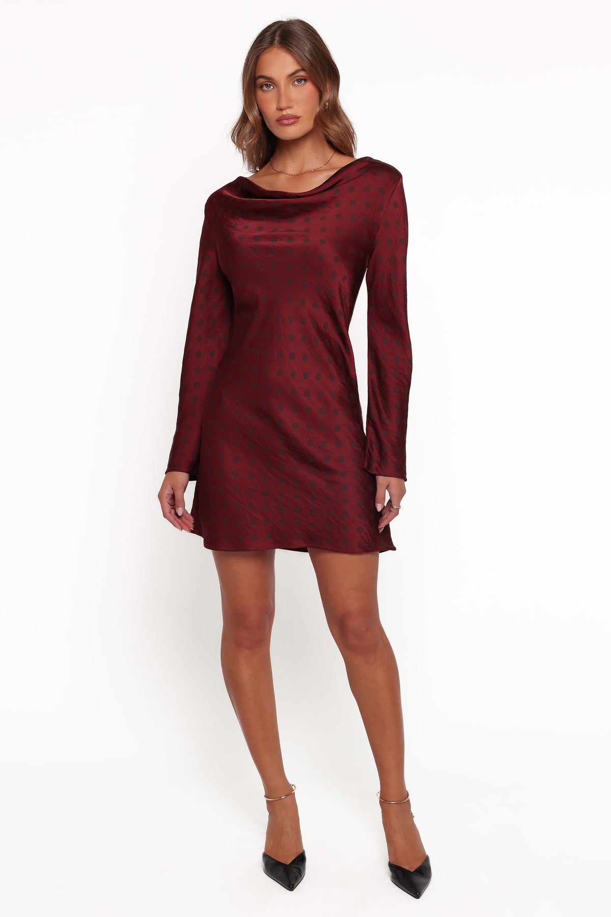 Idalee Long Sleeve Mini Dress - Brown/Maroon Polka Dot