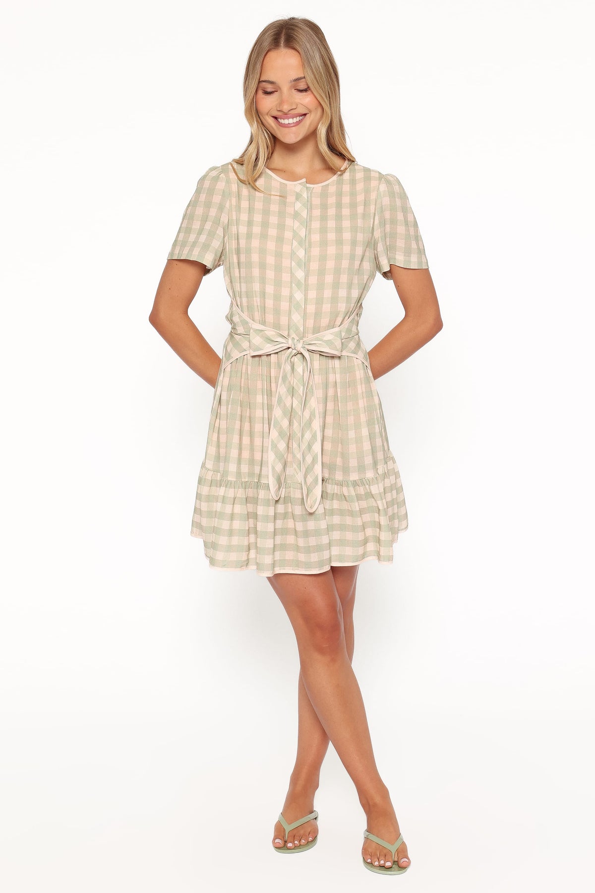 Lorry Tie Front Mini Dress - Green/Pink Gingham