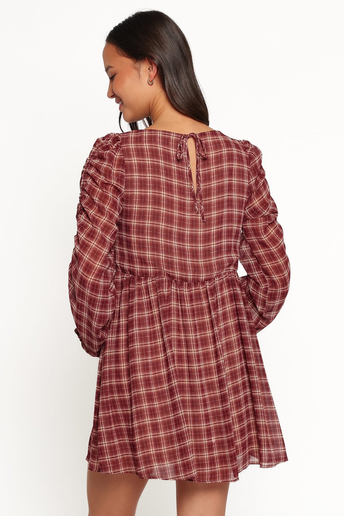 Micaela Long Sleeve Mini Dress - Burgundy Plaid