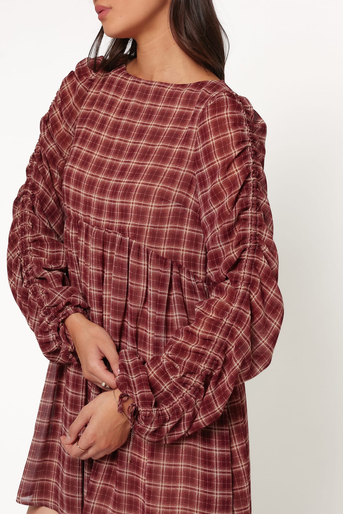 Micaela Long Sleeve Mini Dress - Burgundy Plaid