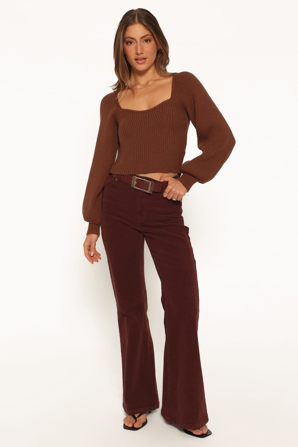 Gia Sweetheart Neck Bell Sleeve Knit Sweater - Chocolate
