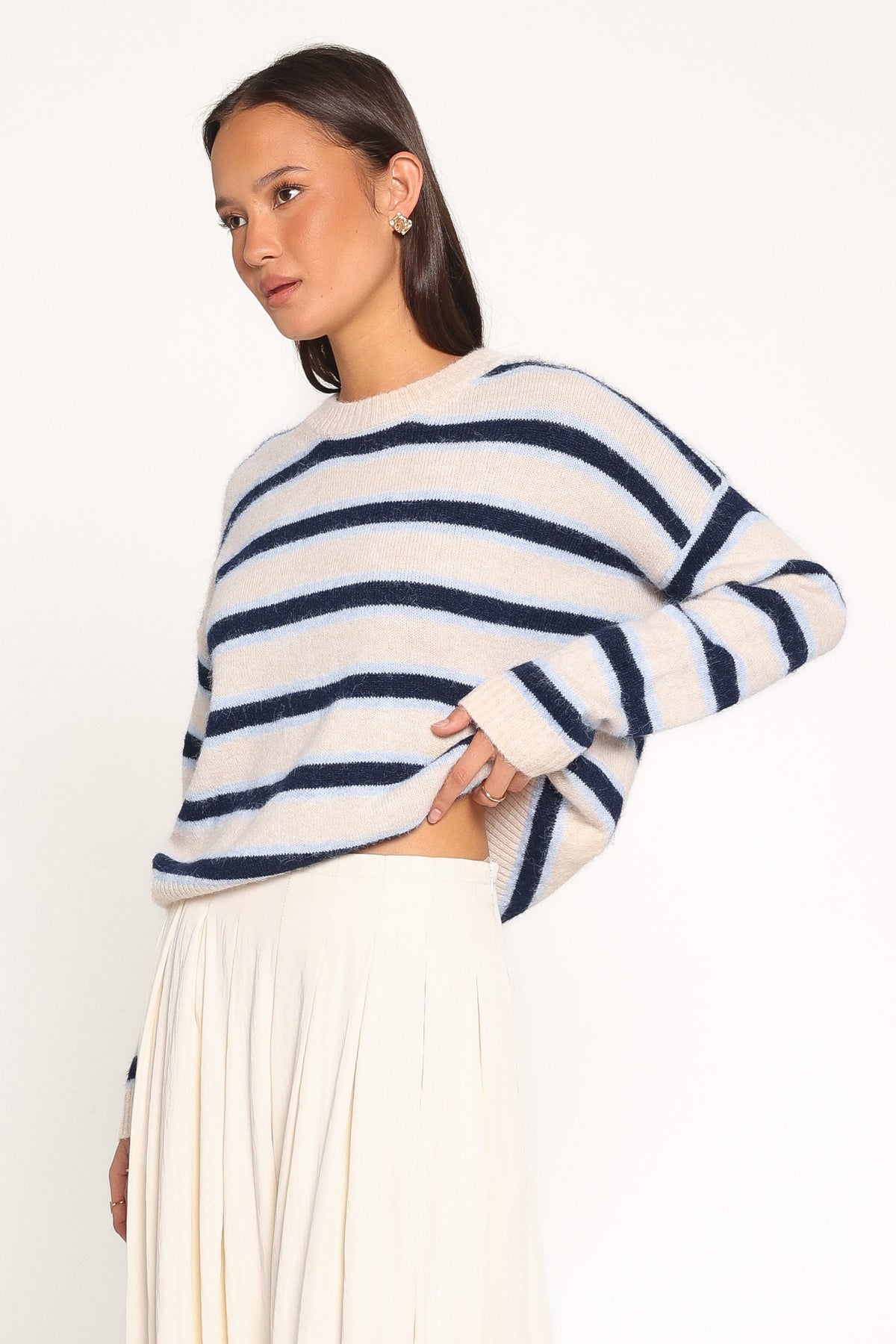 Renae Knit Sweater - White Blue Stripe