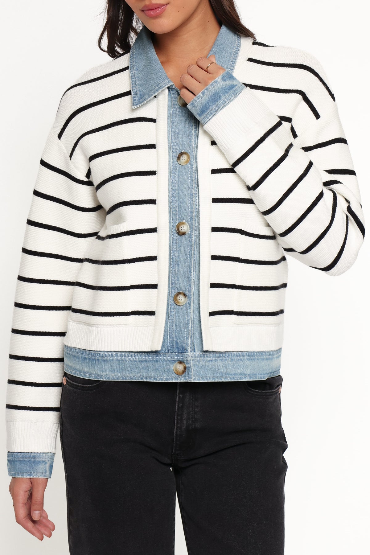 Uma Denim Collar Cardigan - Cream