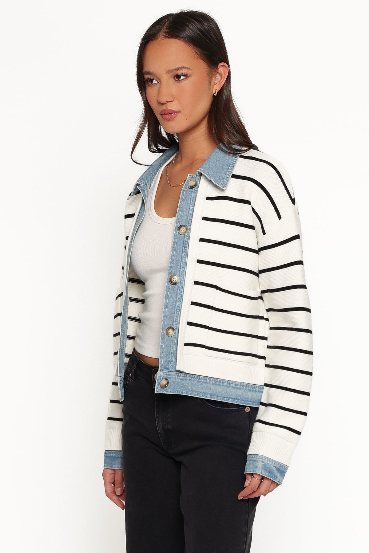 Uma Denim Collar Cardigan - Cream