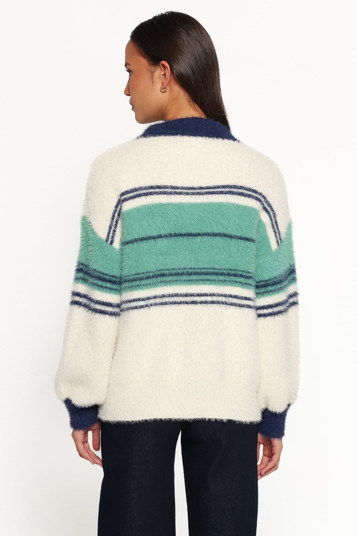 Vickie 1/4 Zip Sweater - Cream Green Stripe