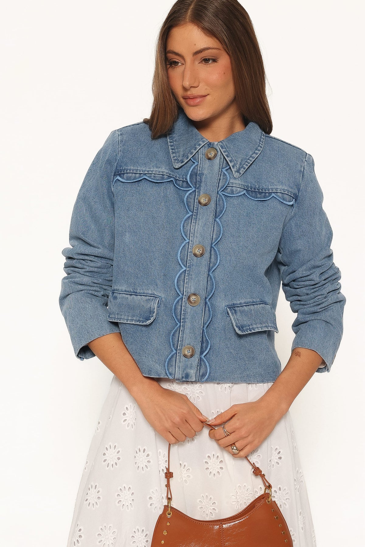 Heidi Scallop Trim Denim Jacket - Medium Wash
