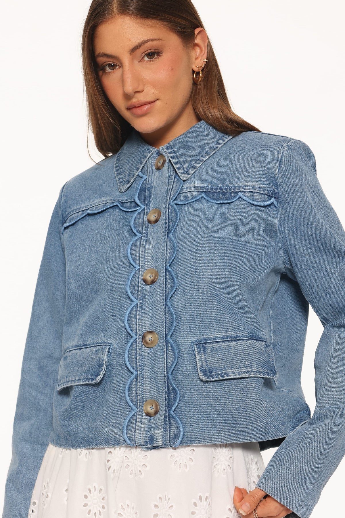 Heidi Scallop Trim Denim Jacket - Medium Wash