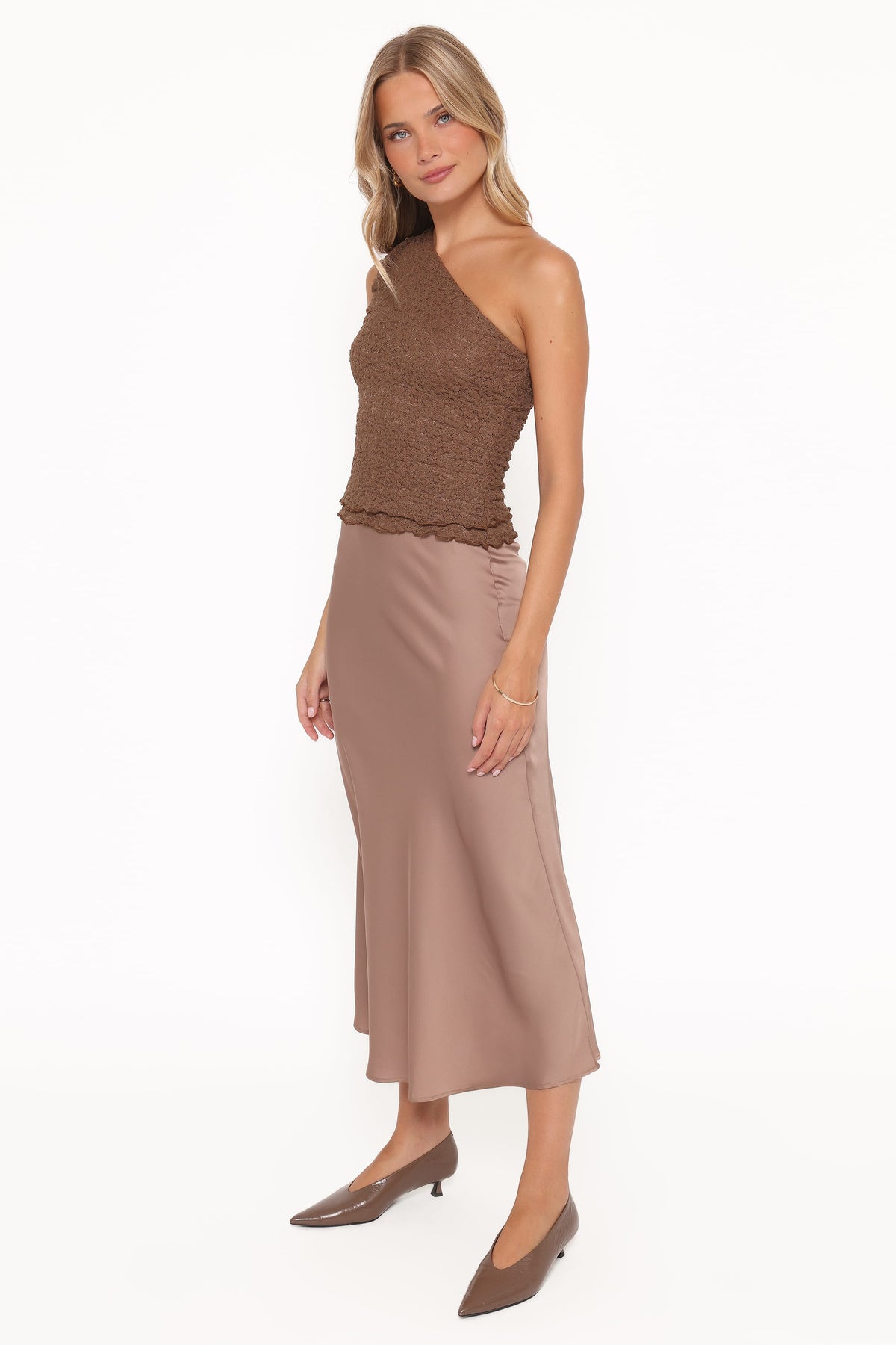 Nellie Satin Midi Skirt - Mocha Brown