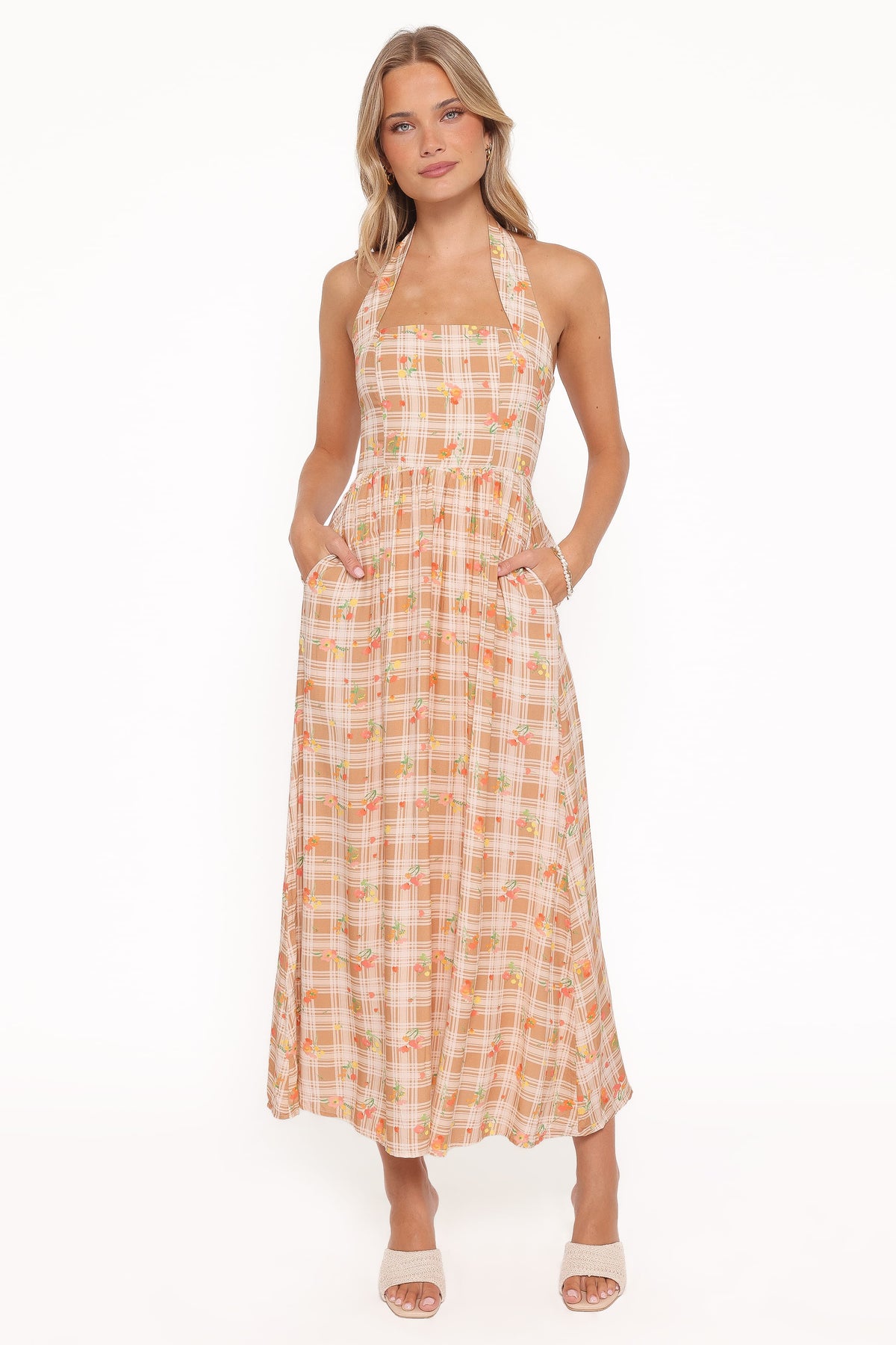 Gemini Halterneck Maxi Dress - Yellow Floral Gingham
