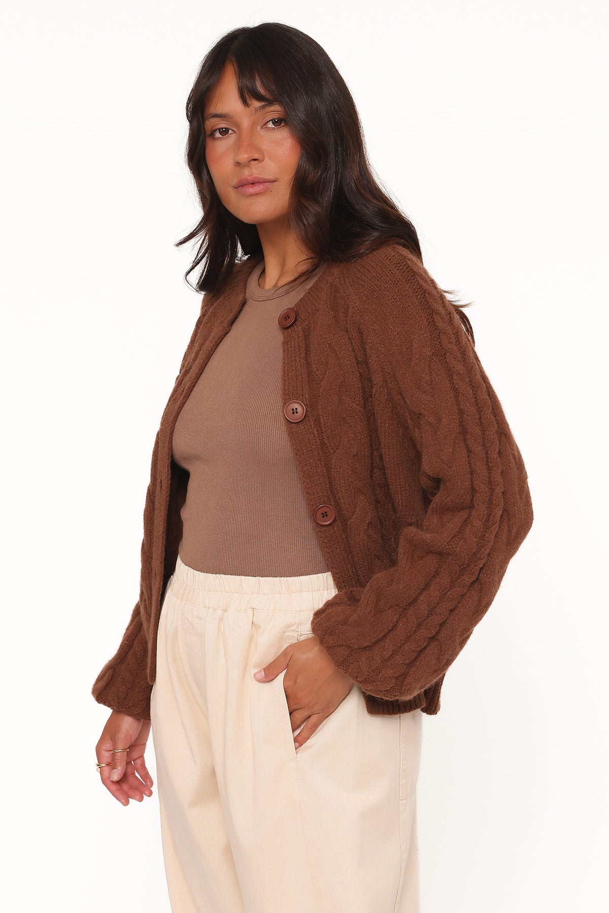 Nika Cable Knit Cardigan - Brown