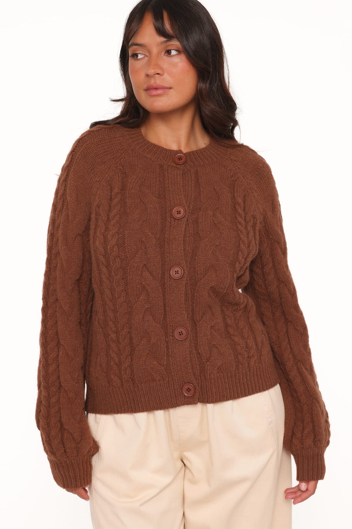 Nika Cable Knit Cardigan - Brown