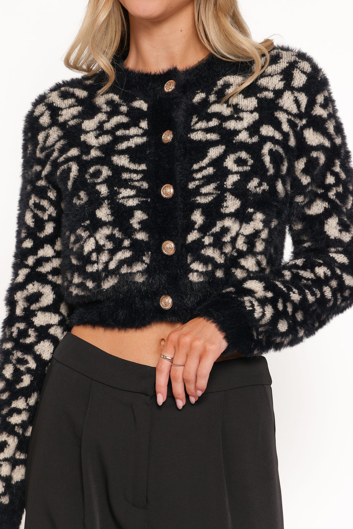 Tyra Animal Print Faux Mohair Cardigan - Black