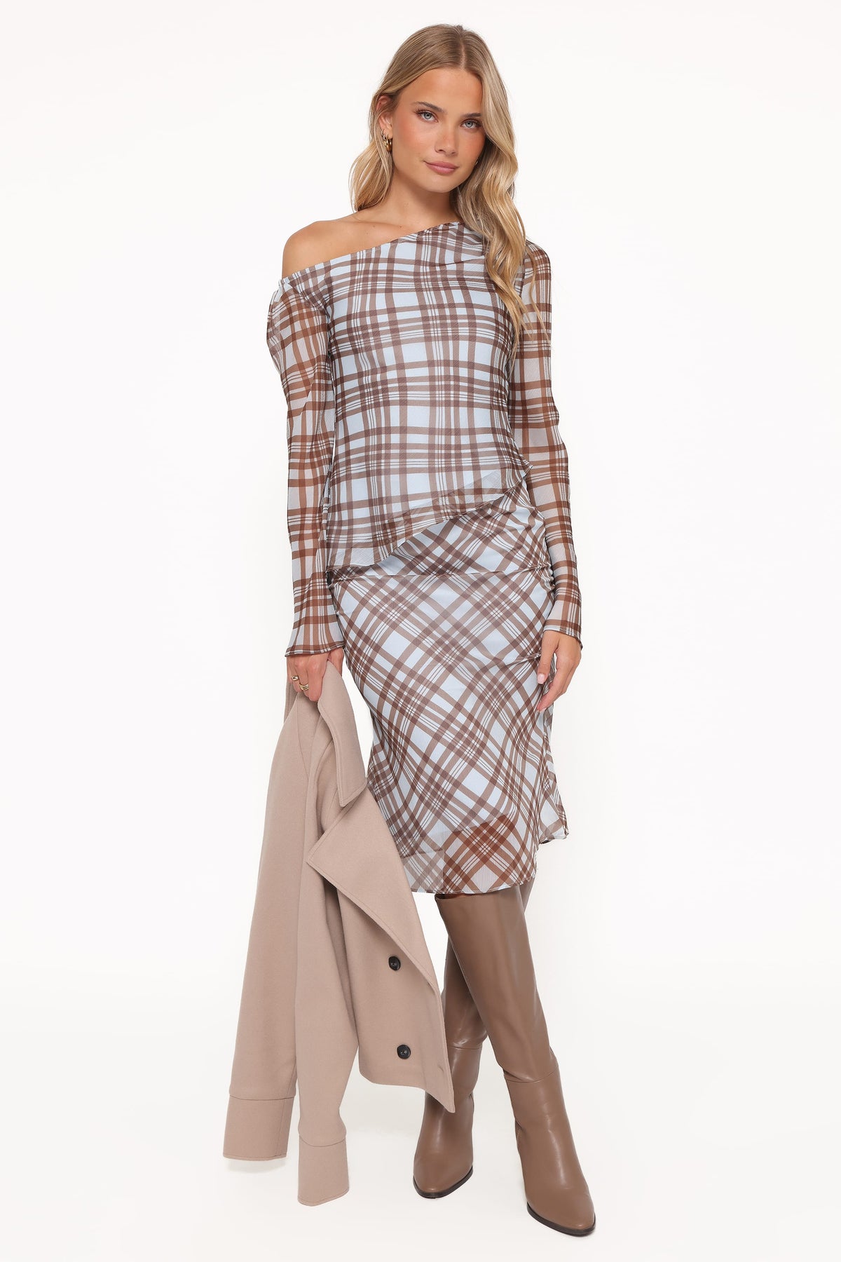 Caitriona Cowl Neck Top - Blue Plaid