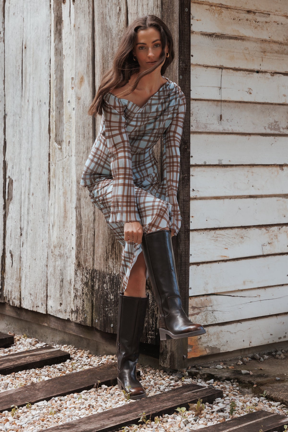 Caitriona Cowl Neck Top - Blue Plaid
