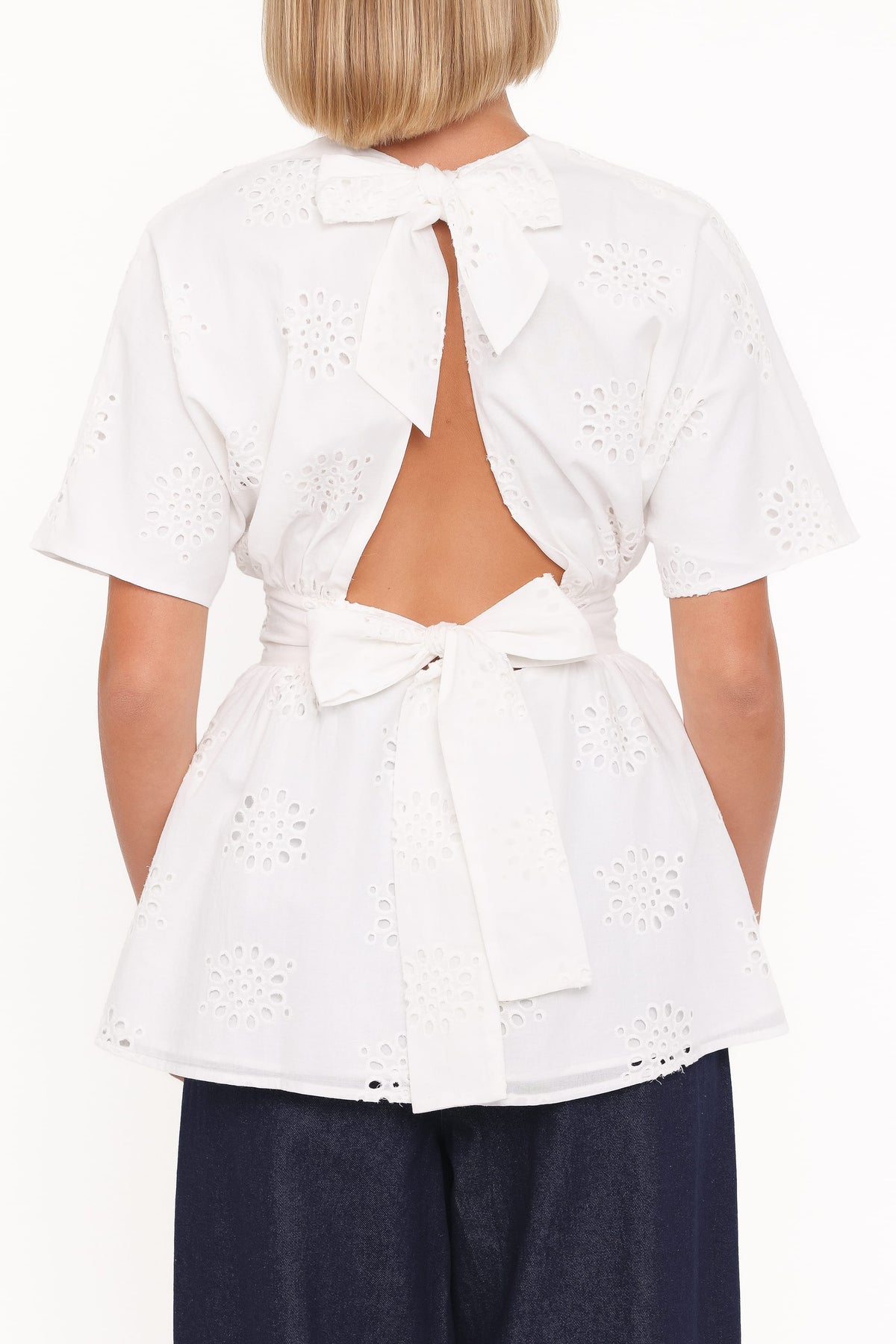 Carmel Tie Back Tunic Top - White Embroidery
