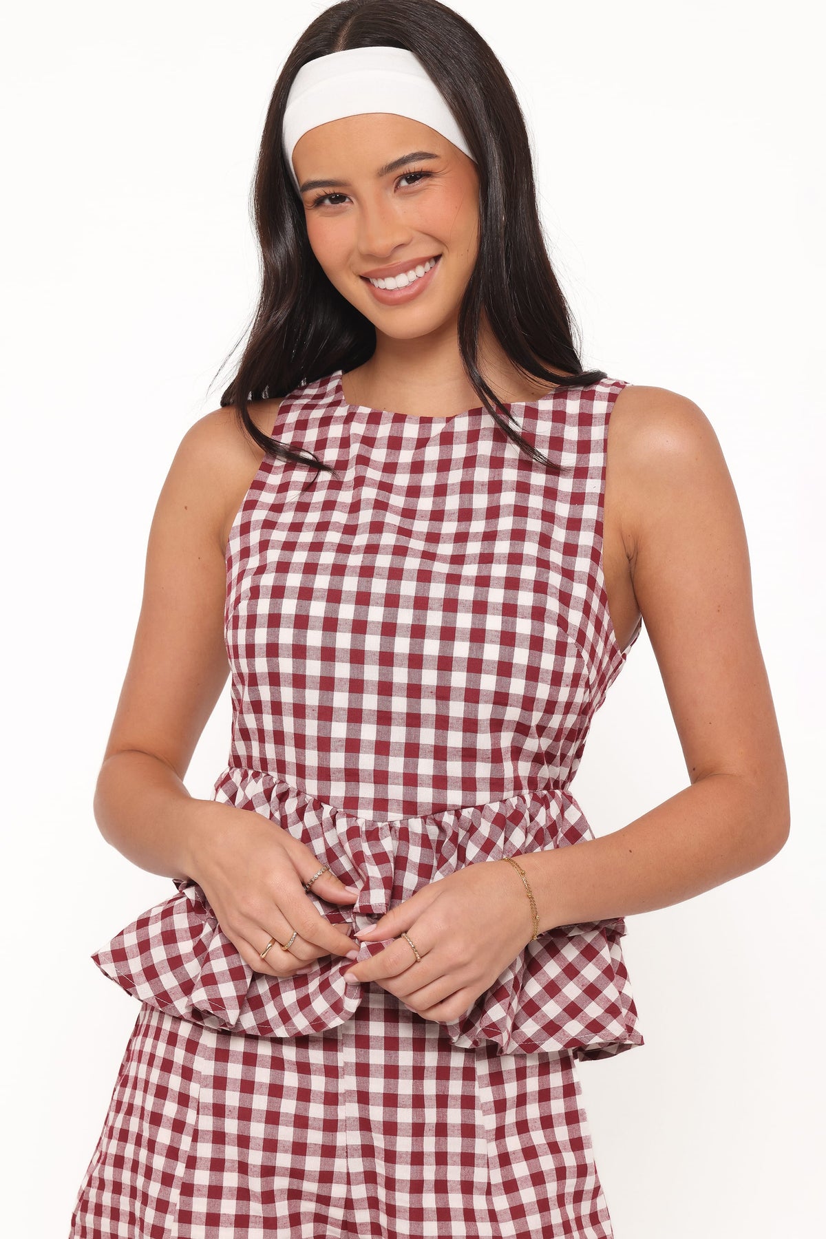 Landon Tiered Peplum Top - Burgundy Gingham
