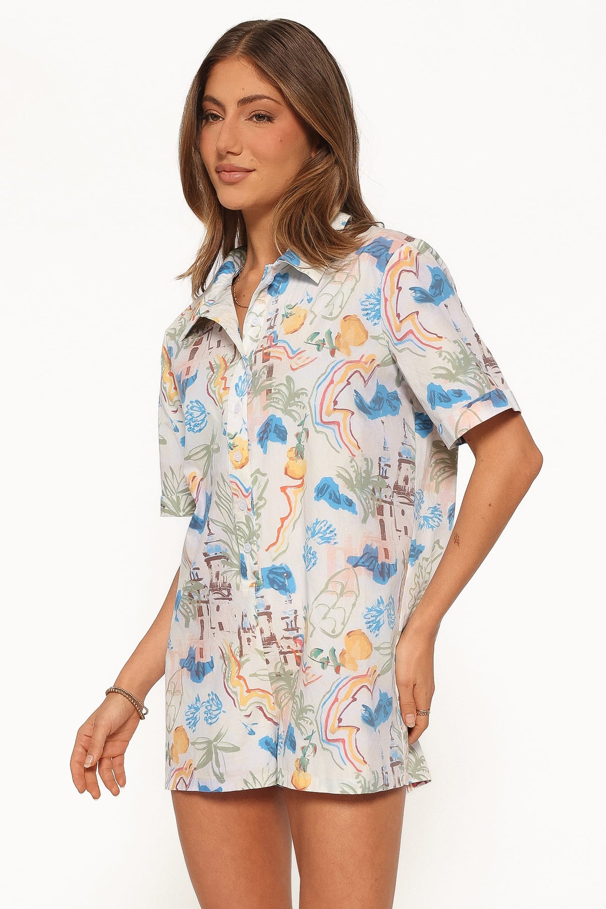Calypso Button Front Romper - White Multi