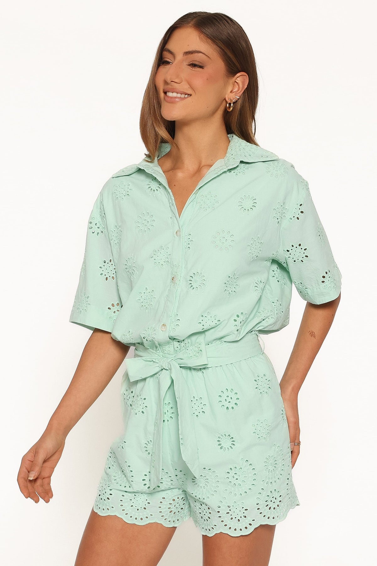 Jamie Tie Front Romper - Mint Broderie