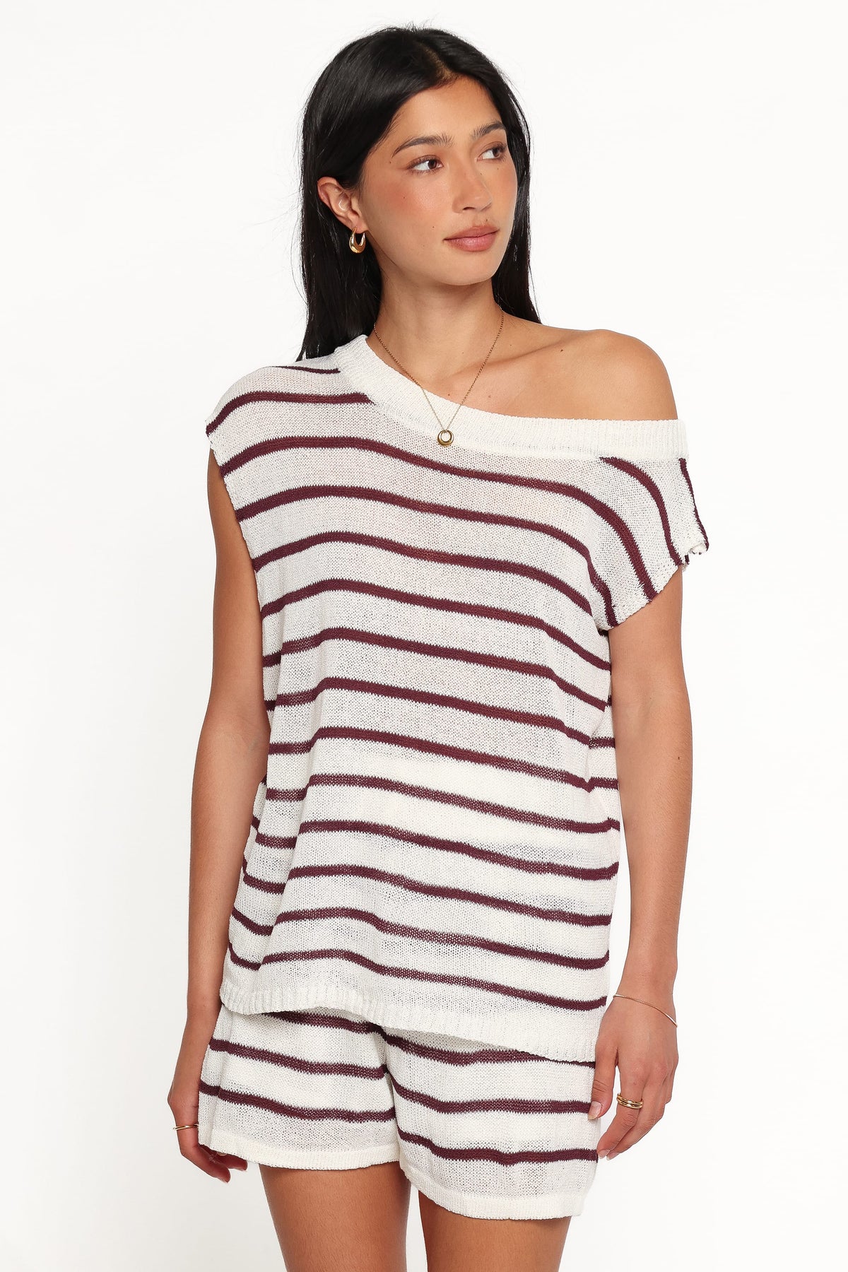 Janie Knitted Short Set - White Plum Stripe