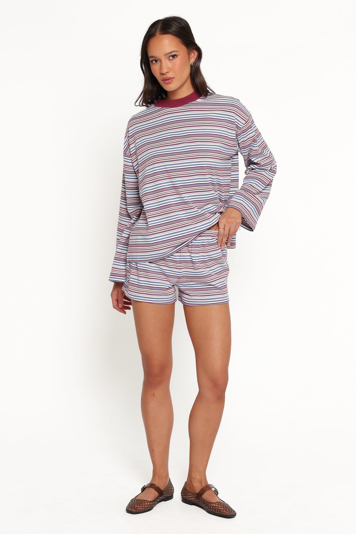 Silvia Knit Short Set - Burgundy Stripe