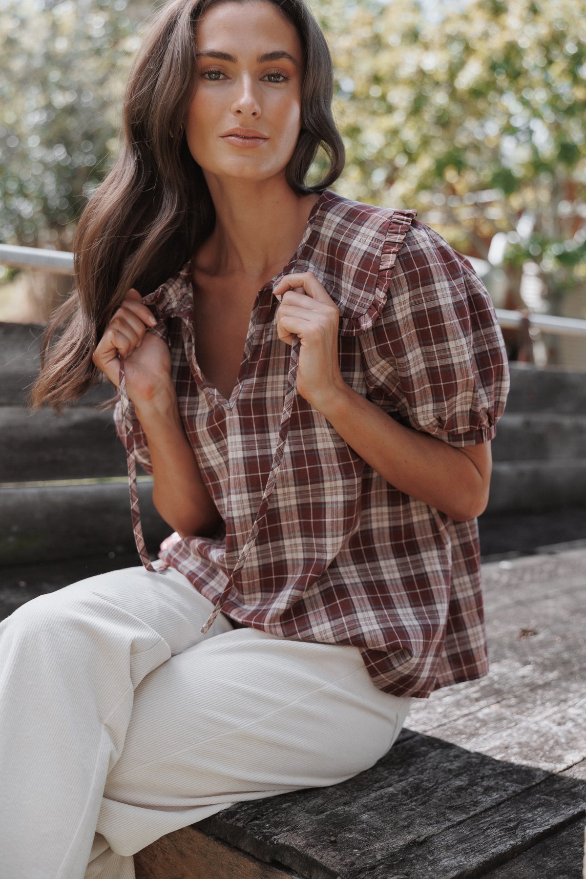 Evandri Frill Collar Top - Burgundy Plaid
