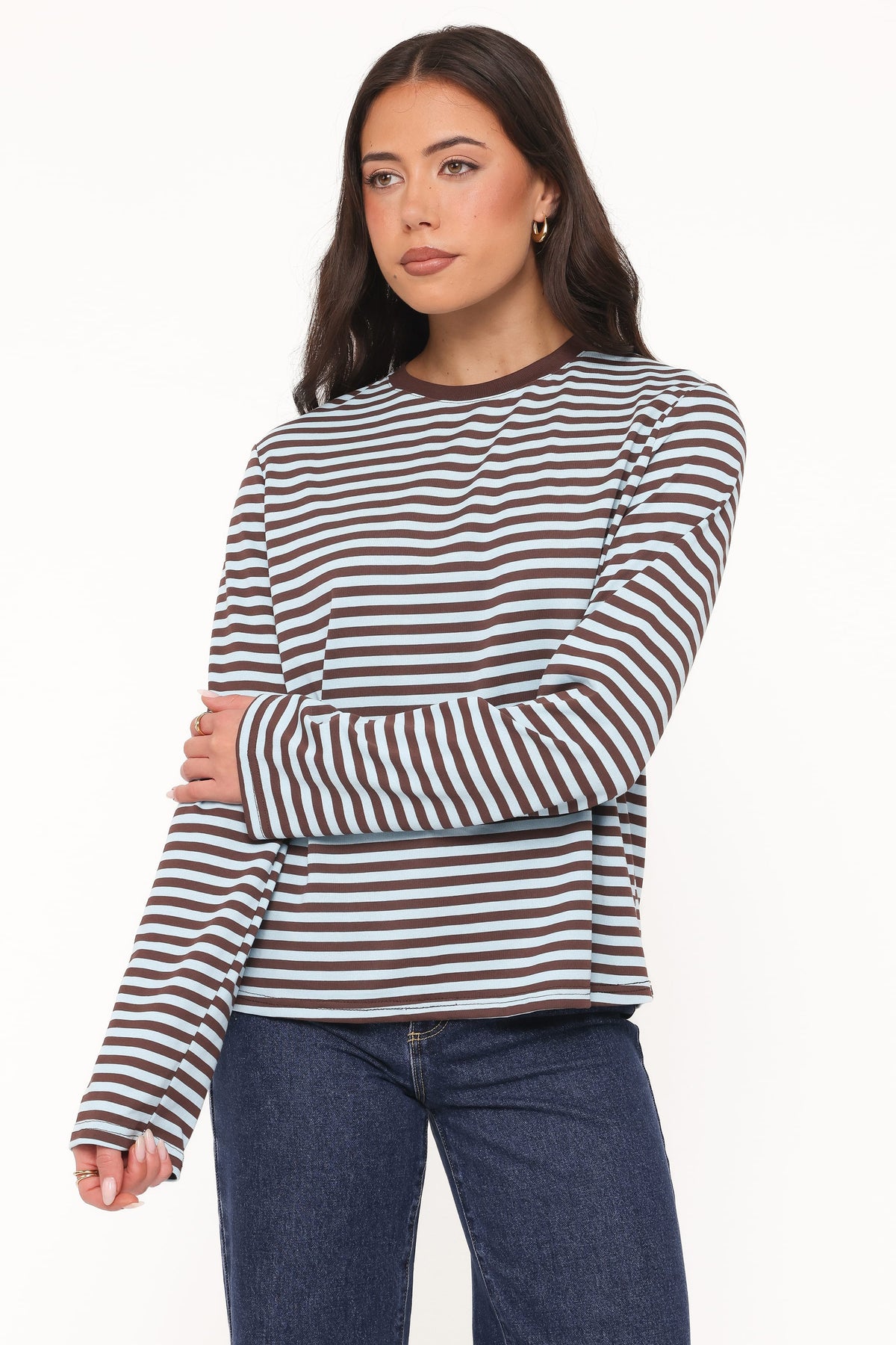Ruva Long Sleeve Tee - Brown Blue Stripe