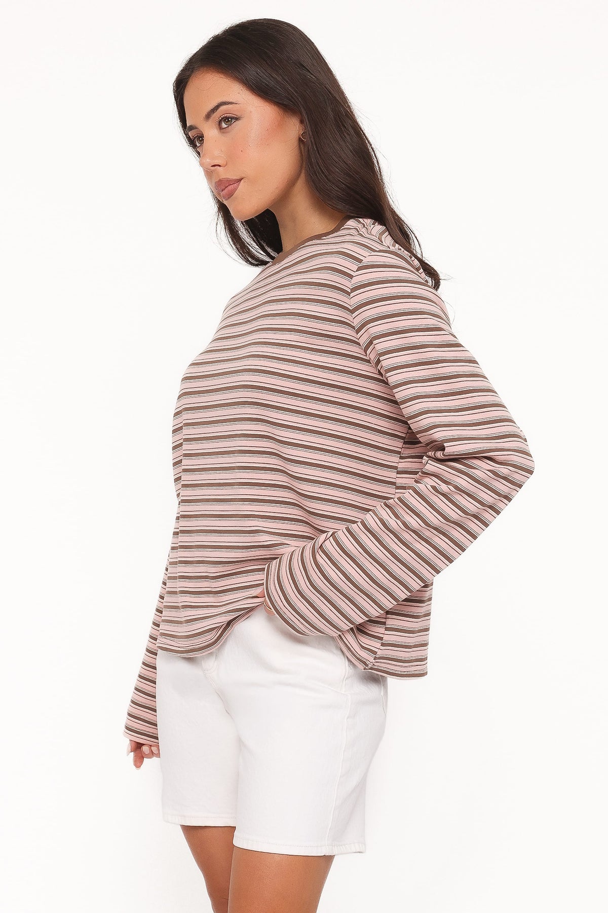 Ruva Long Sleeve Tee - Chocolate Pink Stripe