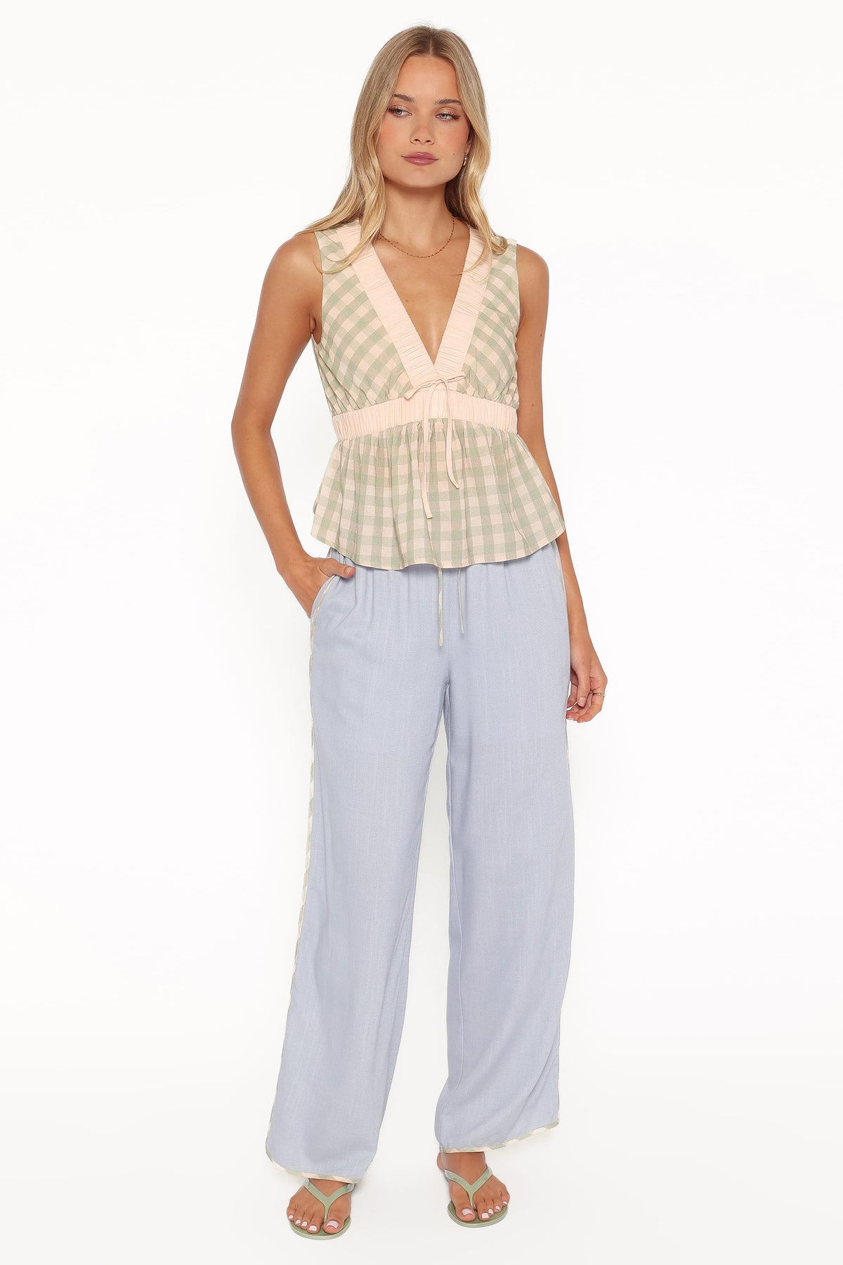 Solace Peplum Top - Green/Pink Gingham