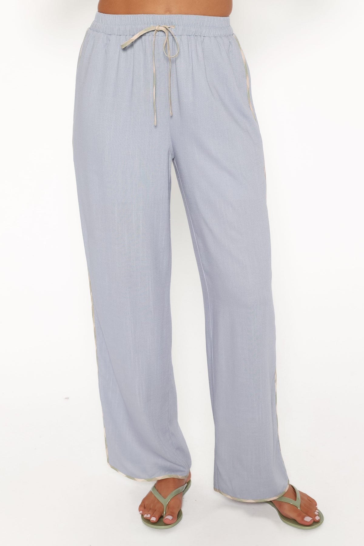 Venda Contrast Trim Pants - Light Blue Linen