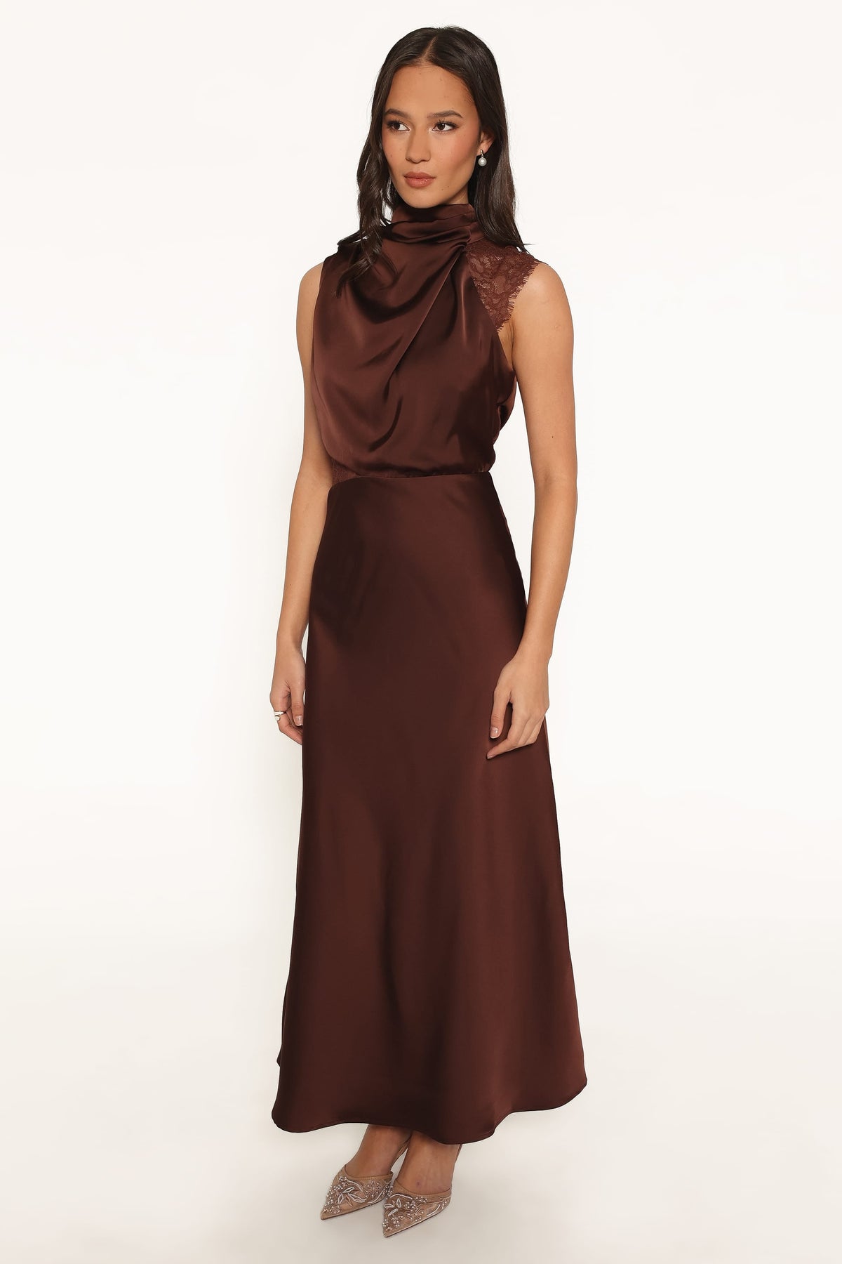 Anabelle Halter Neck Lace Maxi Dress - Chocolate Brown