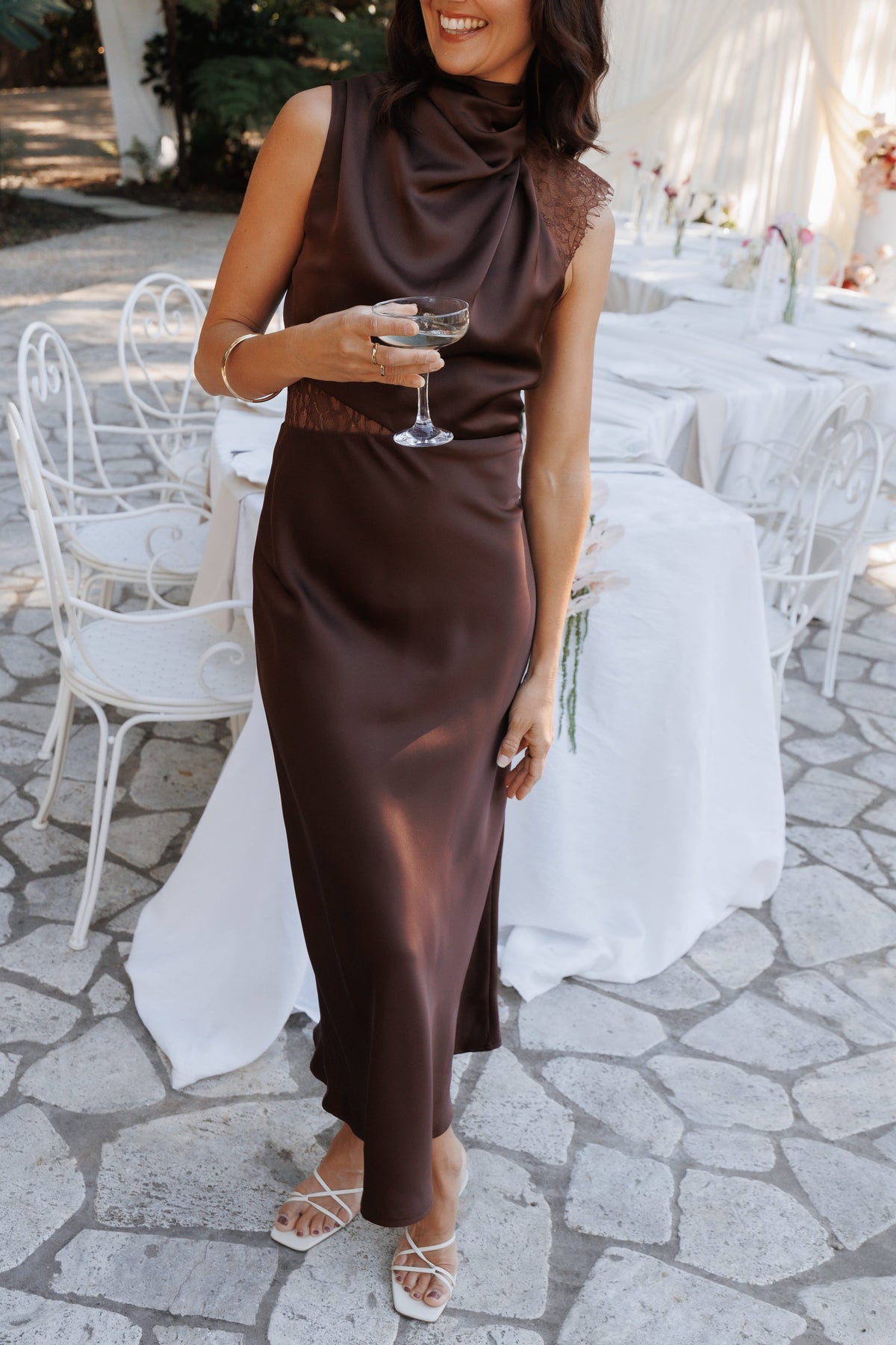 Anabelle Halter Neck Lace Maxi Dress - Chocolate Brown