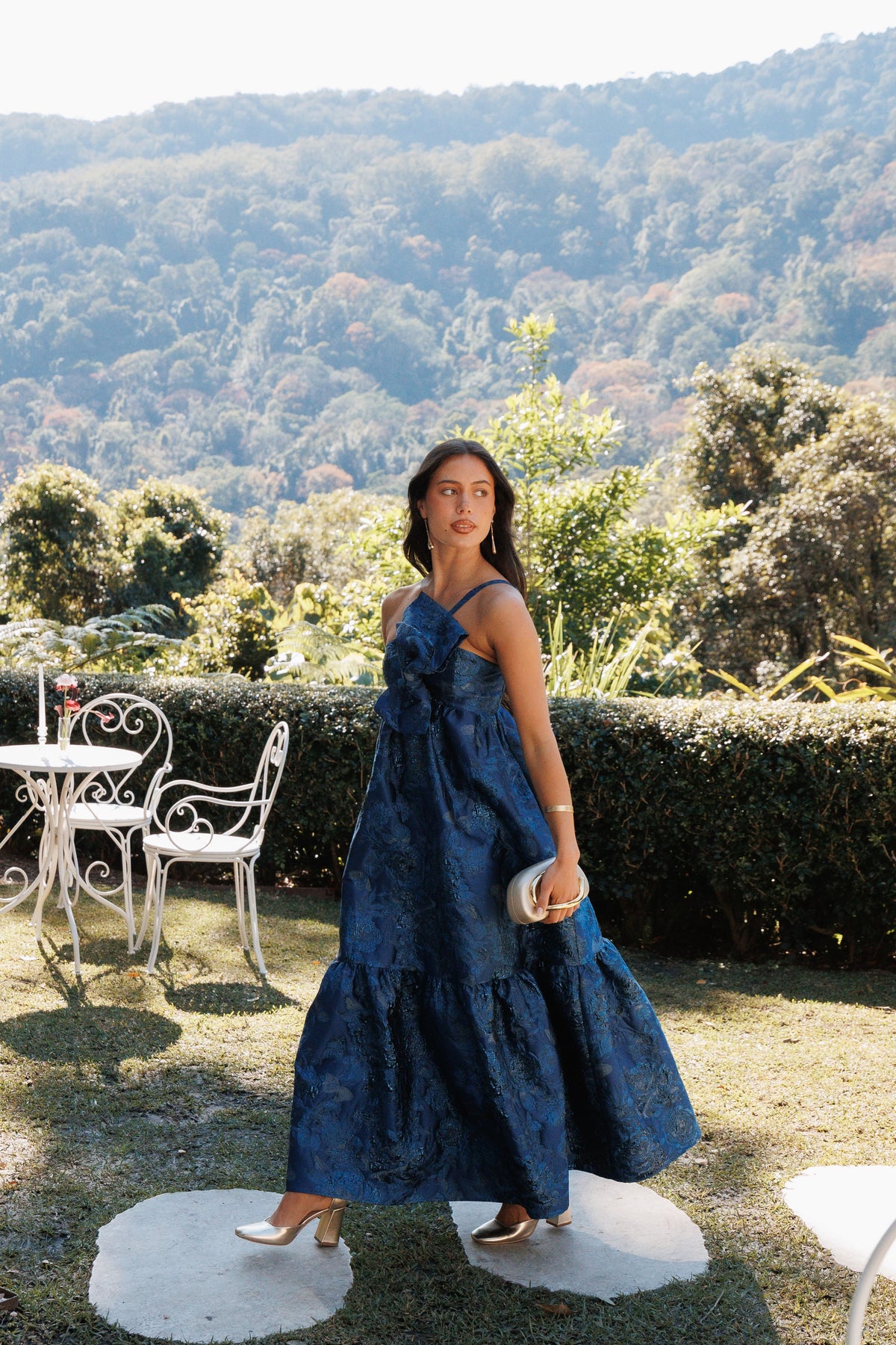 Betina Bow Front Maxi Dress - Blue Brocade