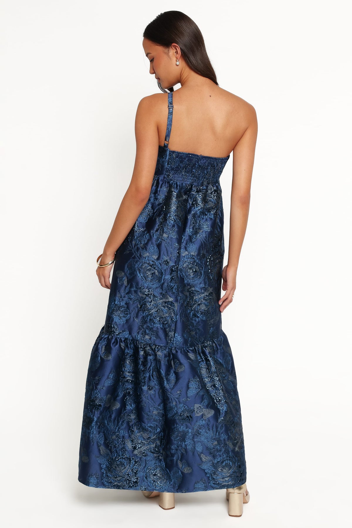 Betina Bow Front Maxi Dress - Blue Brocade