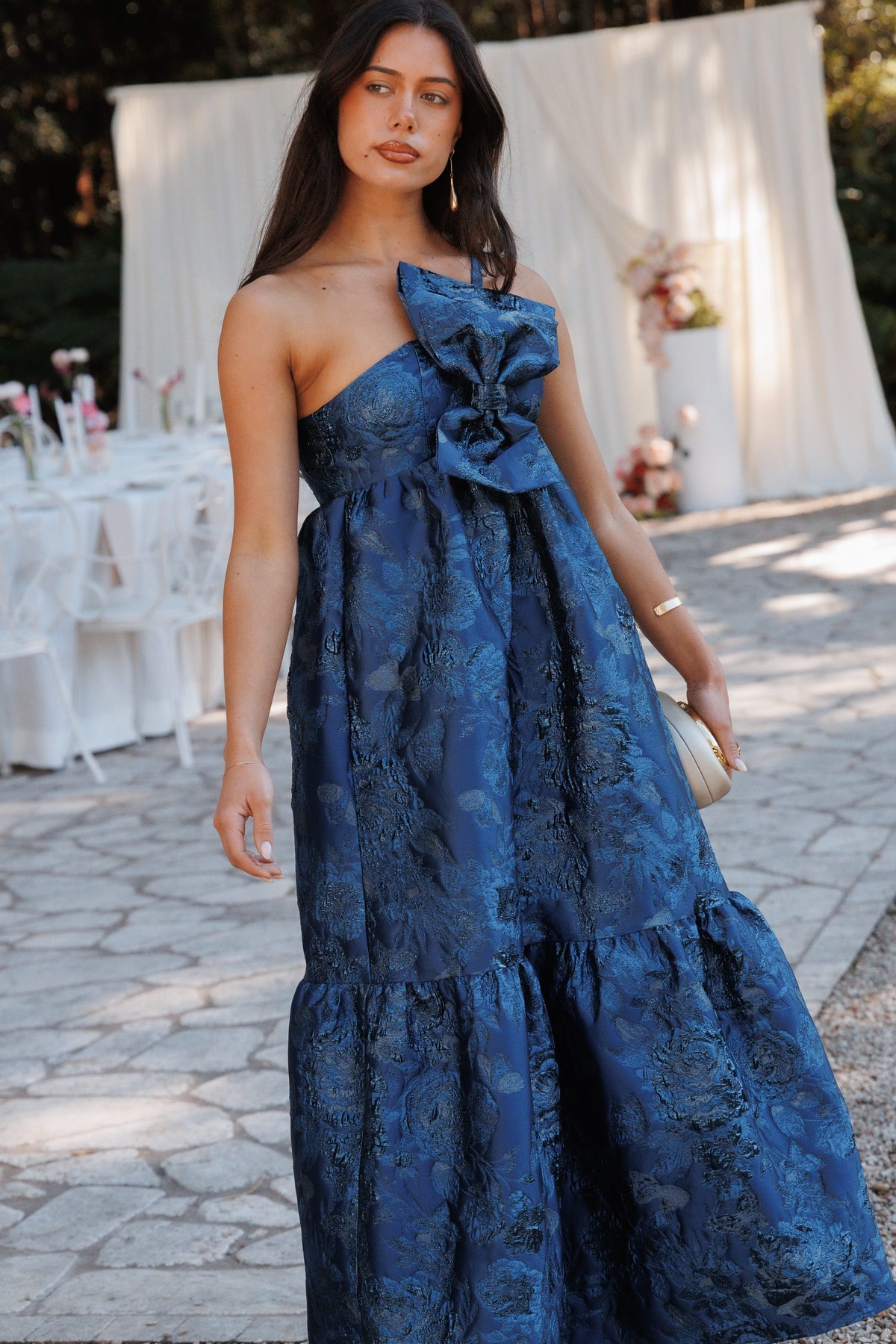 Betina Bow Front Maxi Dress - Blue Brocade