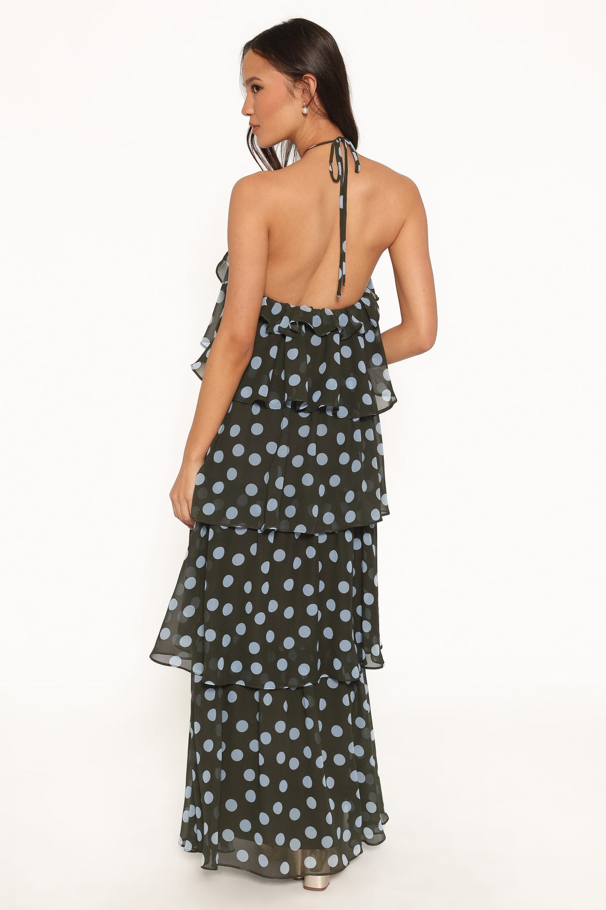 Chasity Halterneck Maxi Dress - Olive Polka Dot