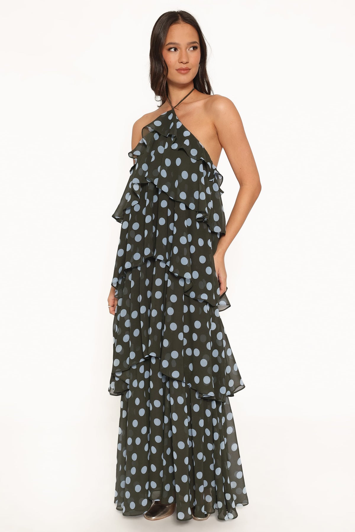 Chasity Halterneck Maxi Dress - Olive Polka Dot