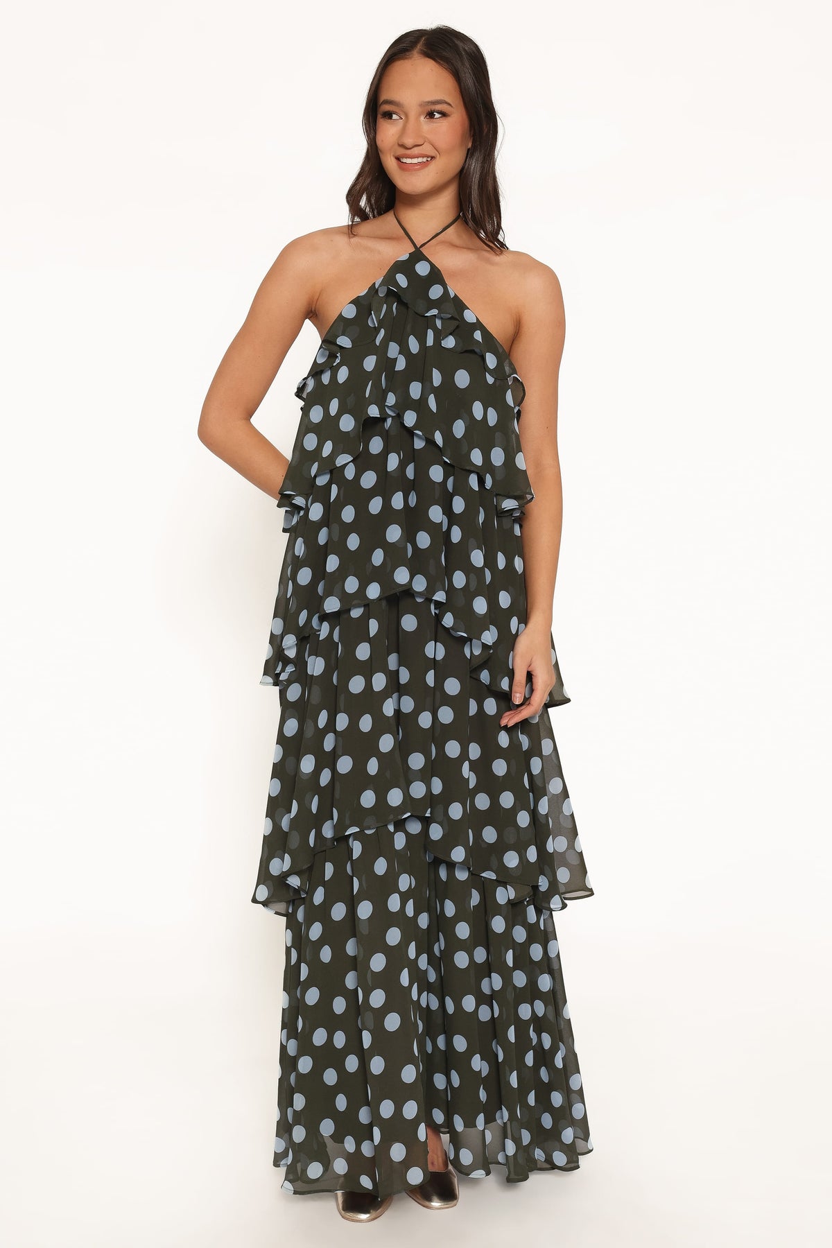 Chasity Halterneck Maxi Dress - Olive Polka Dot