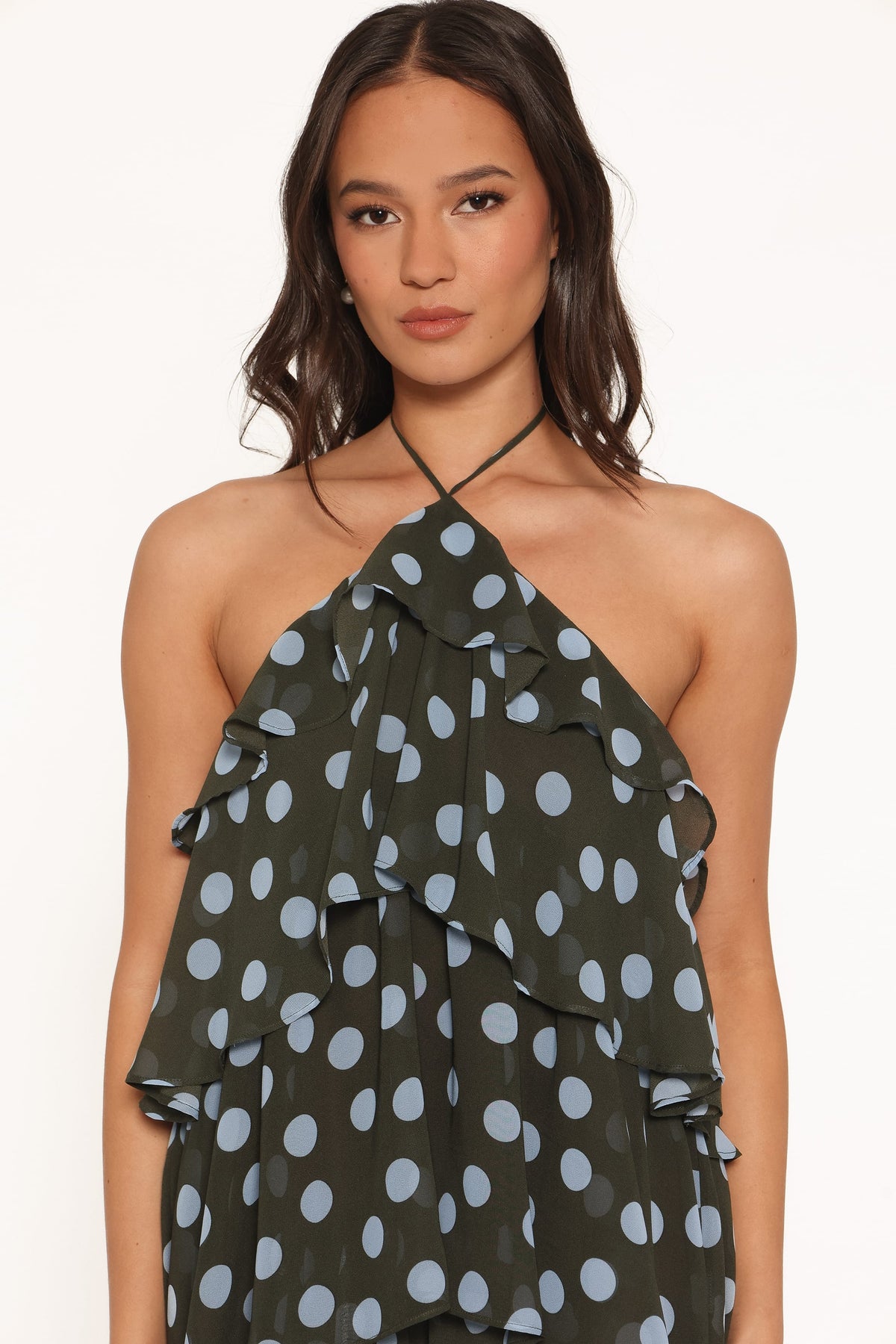 Chasity Halterneck Maxi Dress - Olive Polka Dot