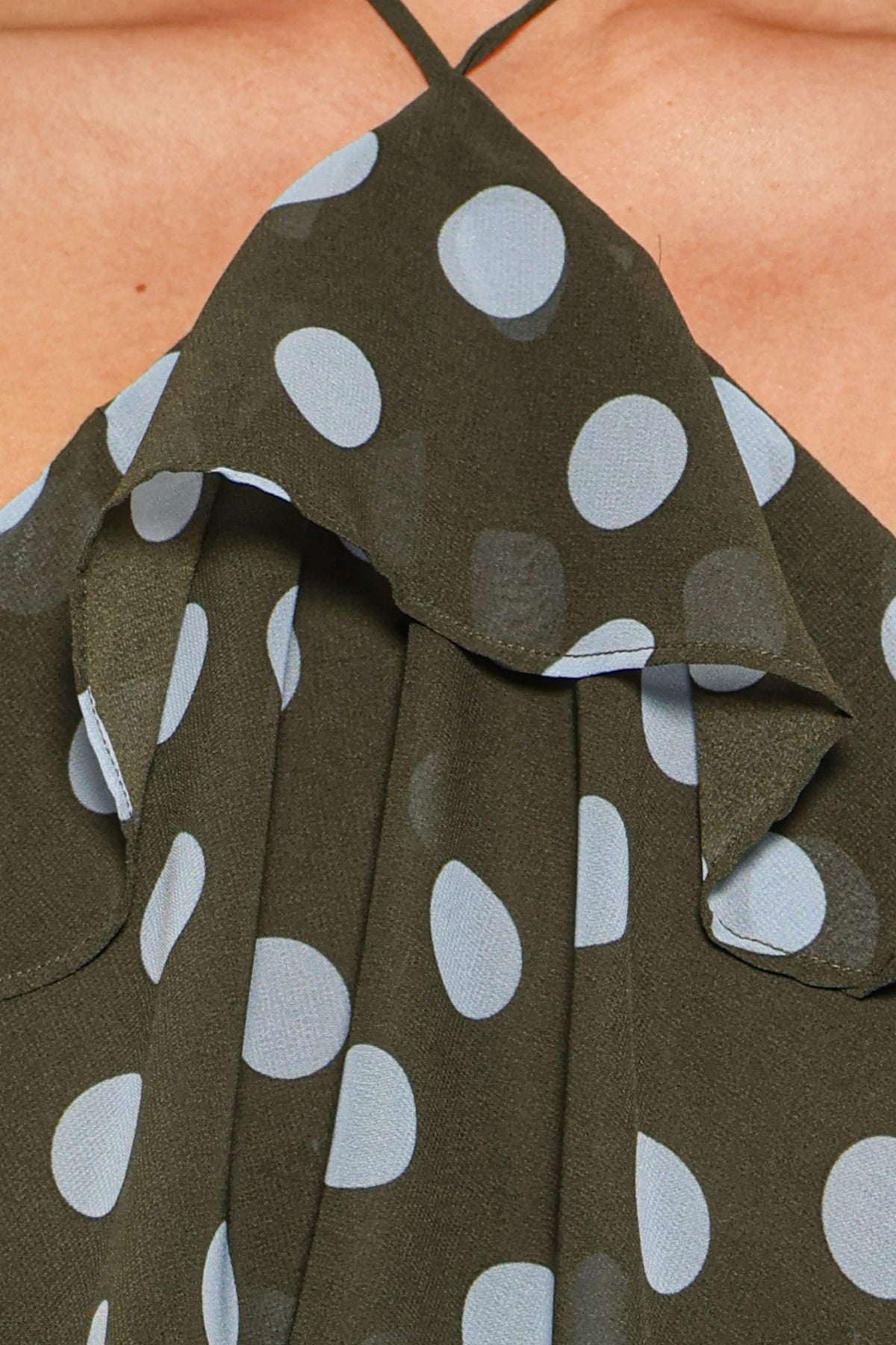 Chasity Halterneck Maxi Dress - Olive Polka Dot