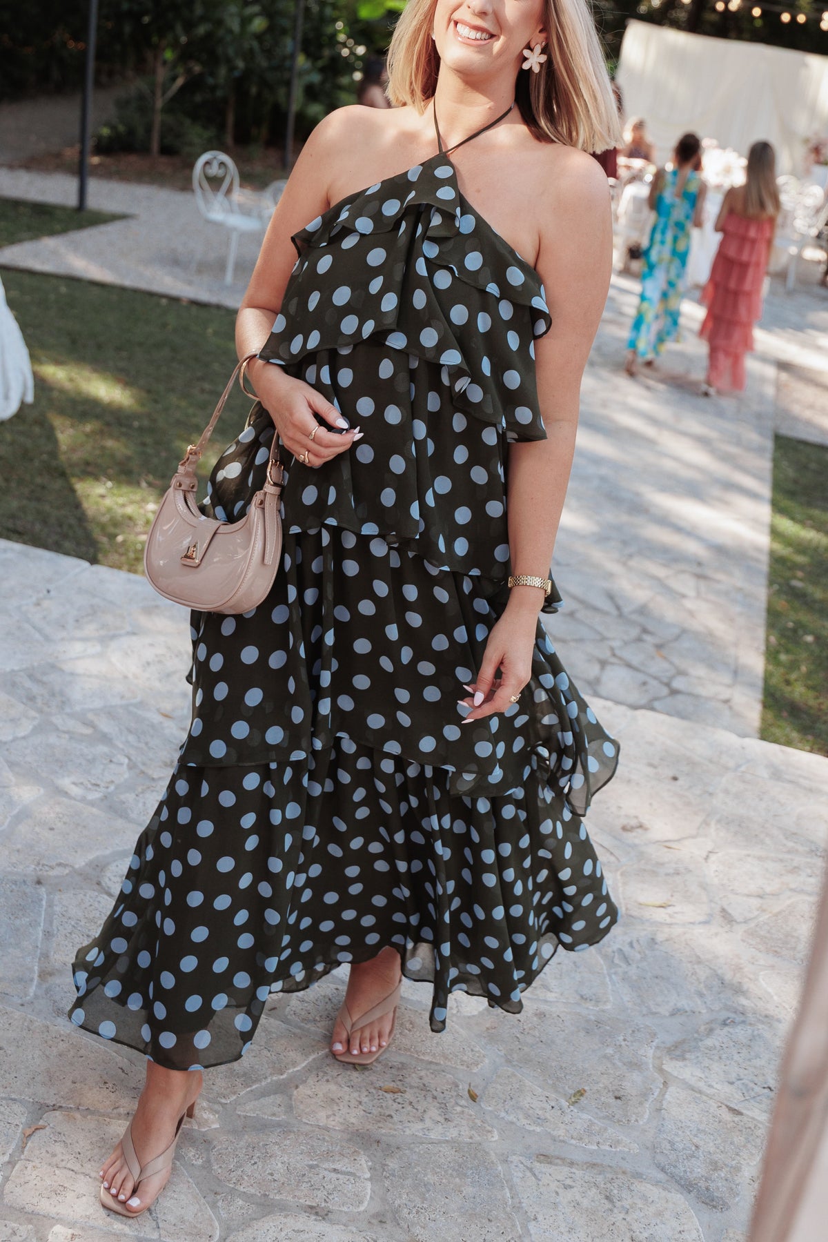Chasity Halterneck Maxi Dress - Olive Polka Dot