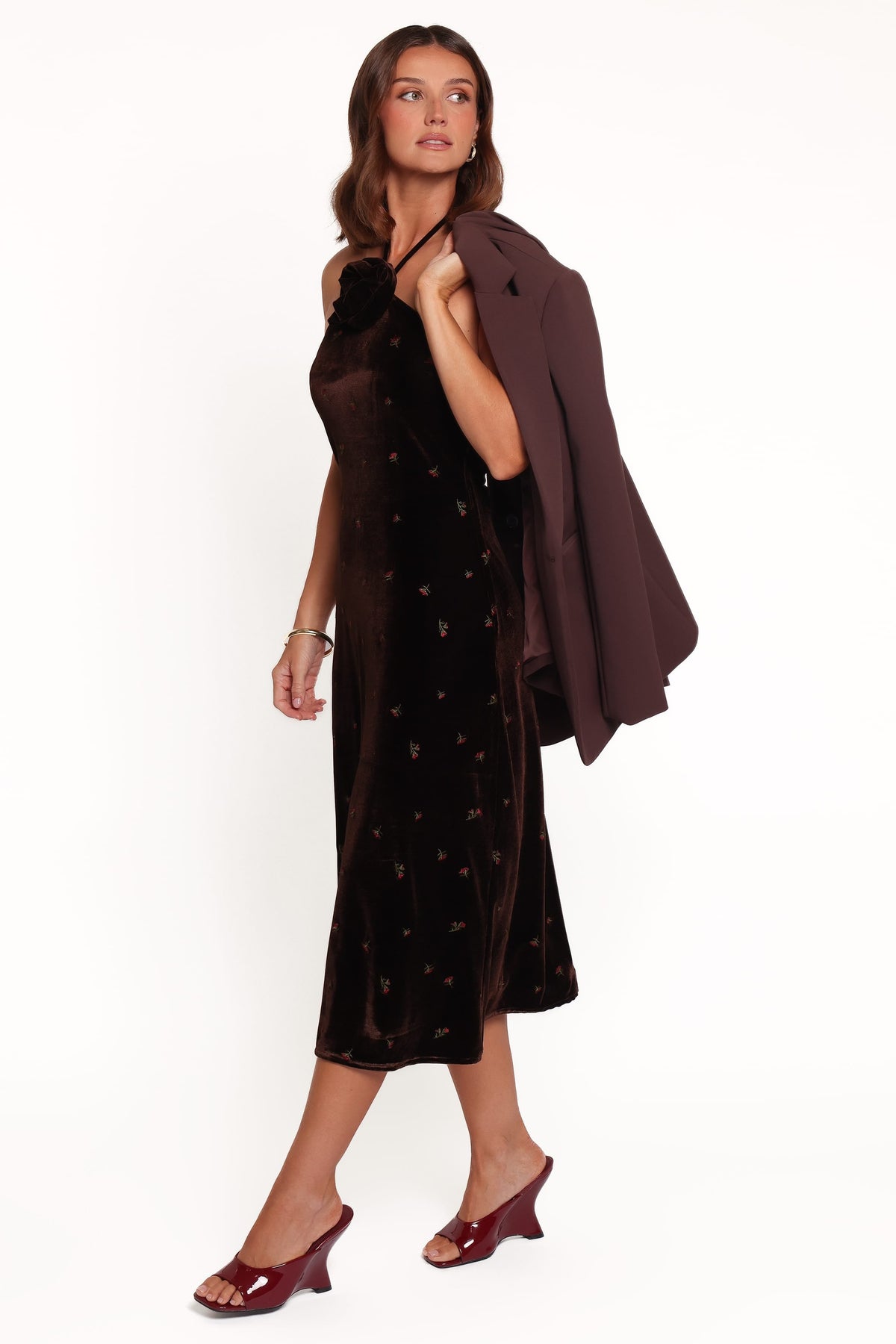 Enrique Halterneck Velvet Dress - Brown Floral