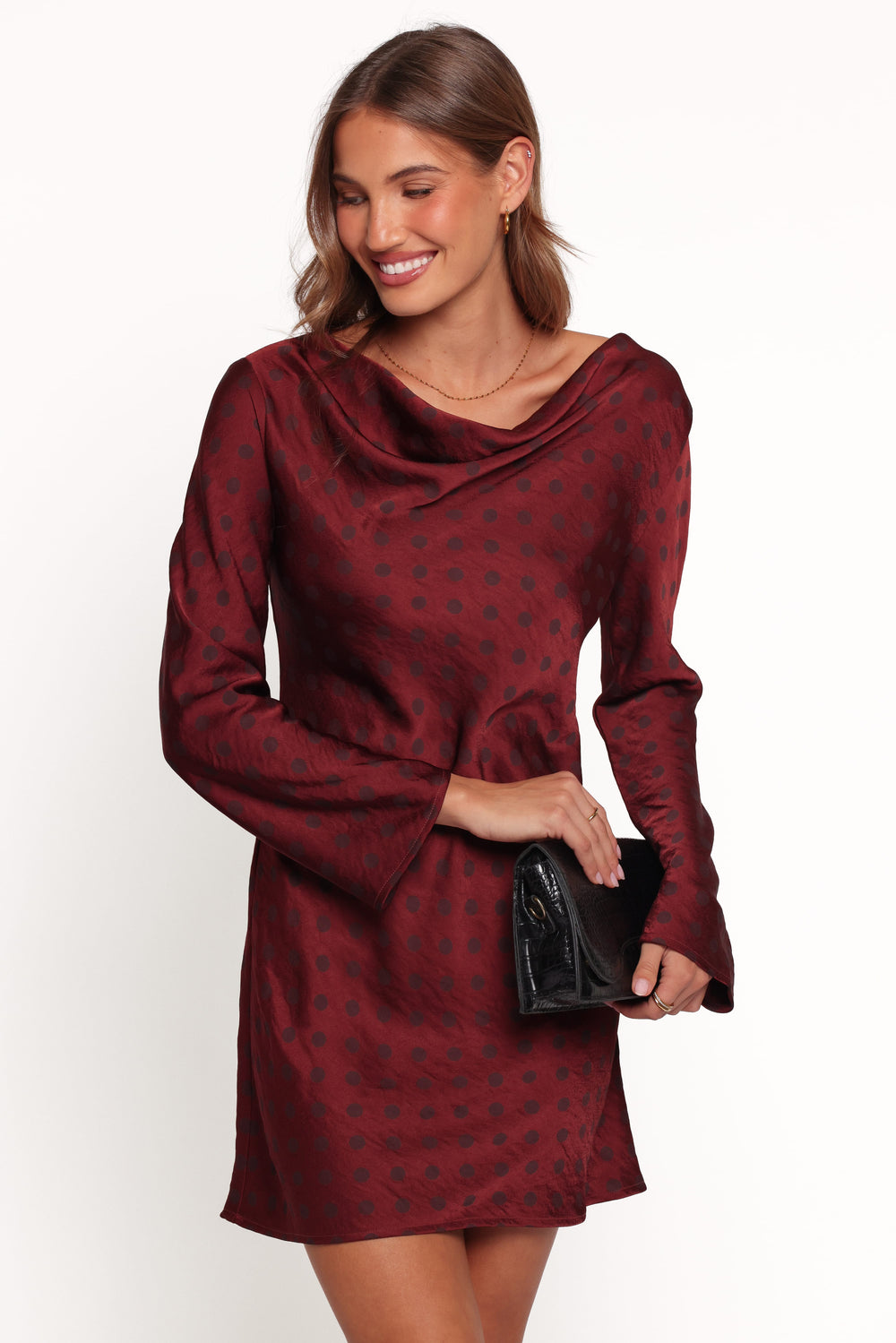Idalee Long Sleeve Mini Dress - Brown/Maroon Polka Dot